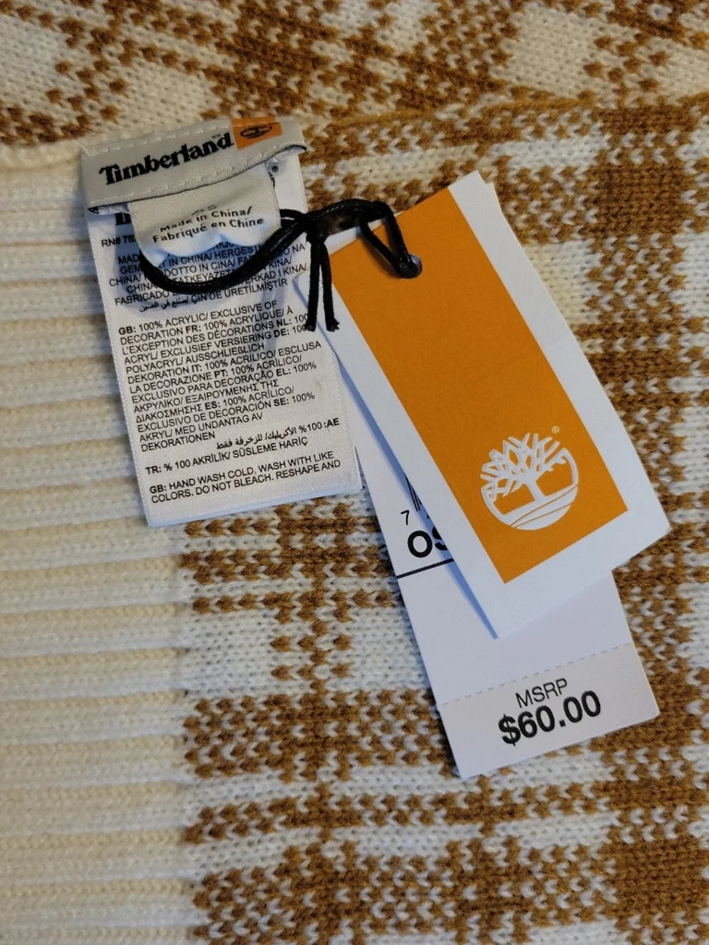 Timberland Cream and Brown Plaid Knit Scarf with Logo Tag